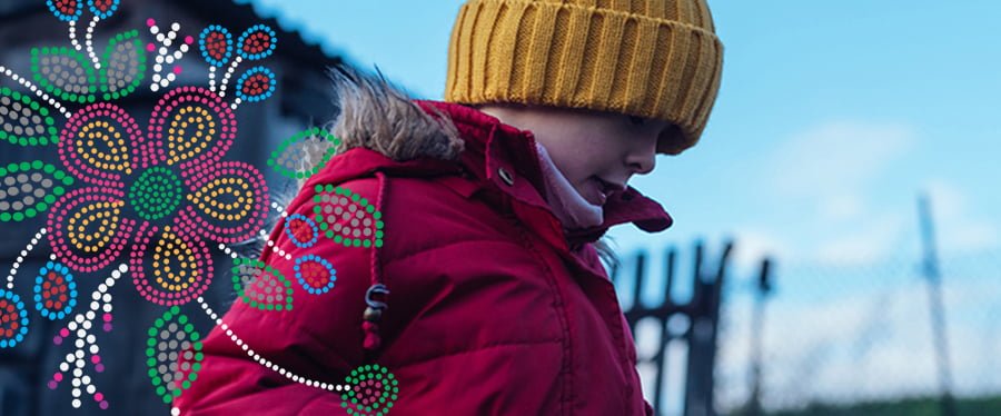 News Mobile Header Child wearing a wool winter hat and jacket next to a Metis style bead work design
